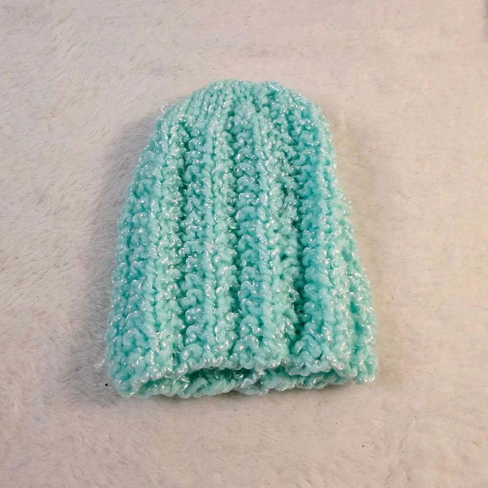 Handmade Knit Beanie Preemie Aqua Blue New Shimmer Ribbed Photo Prop Gift